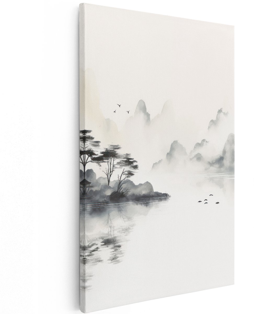 Artaza Canvas Schilderij Landschap - 120x180 cm - Groot - Japandi Wanddecoratie - Muurdecoratie Bergen Meer - Schilderij Natuur Inktwas