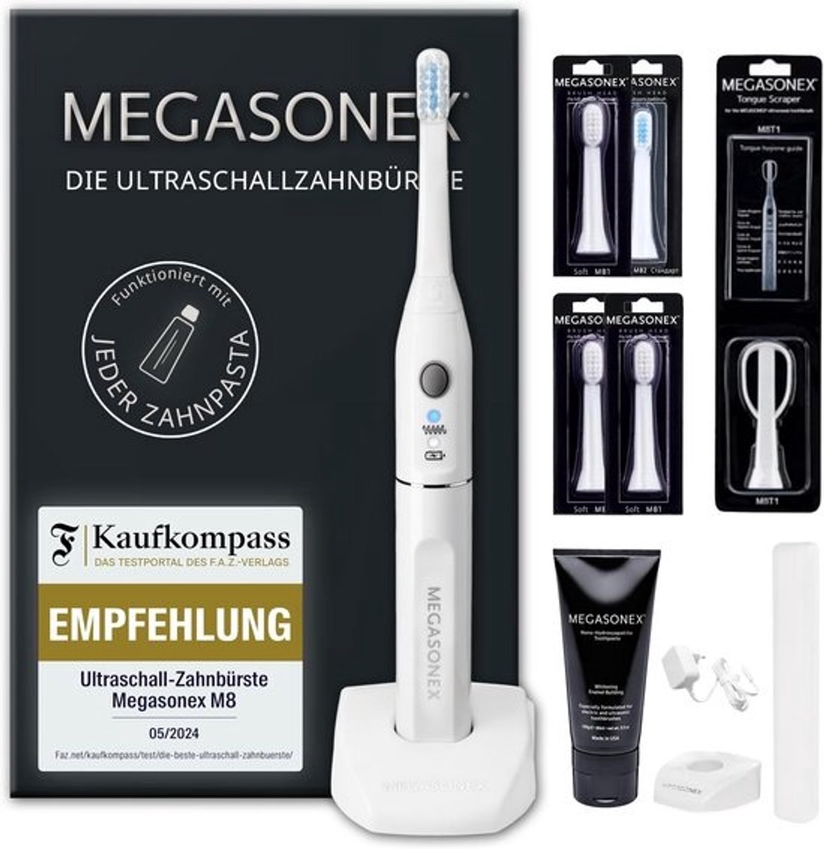 Ultrasone Tandenborstel MEGASONEX M8 – Diepe Reiniging, 1,6 MHz Ultrasound, 3 Standen, Inclusief Tandpasta, Tongreiniger en Extra Borstelkoppen