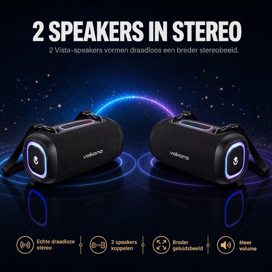 Volkano Vista Bluetooth Speaker - Draadloze speaker - Partybox - RGB-verlichting - TWS - Incl. schouderband — afbeelding 2