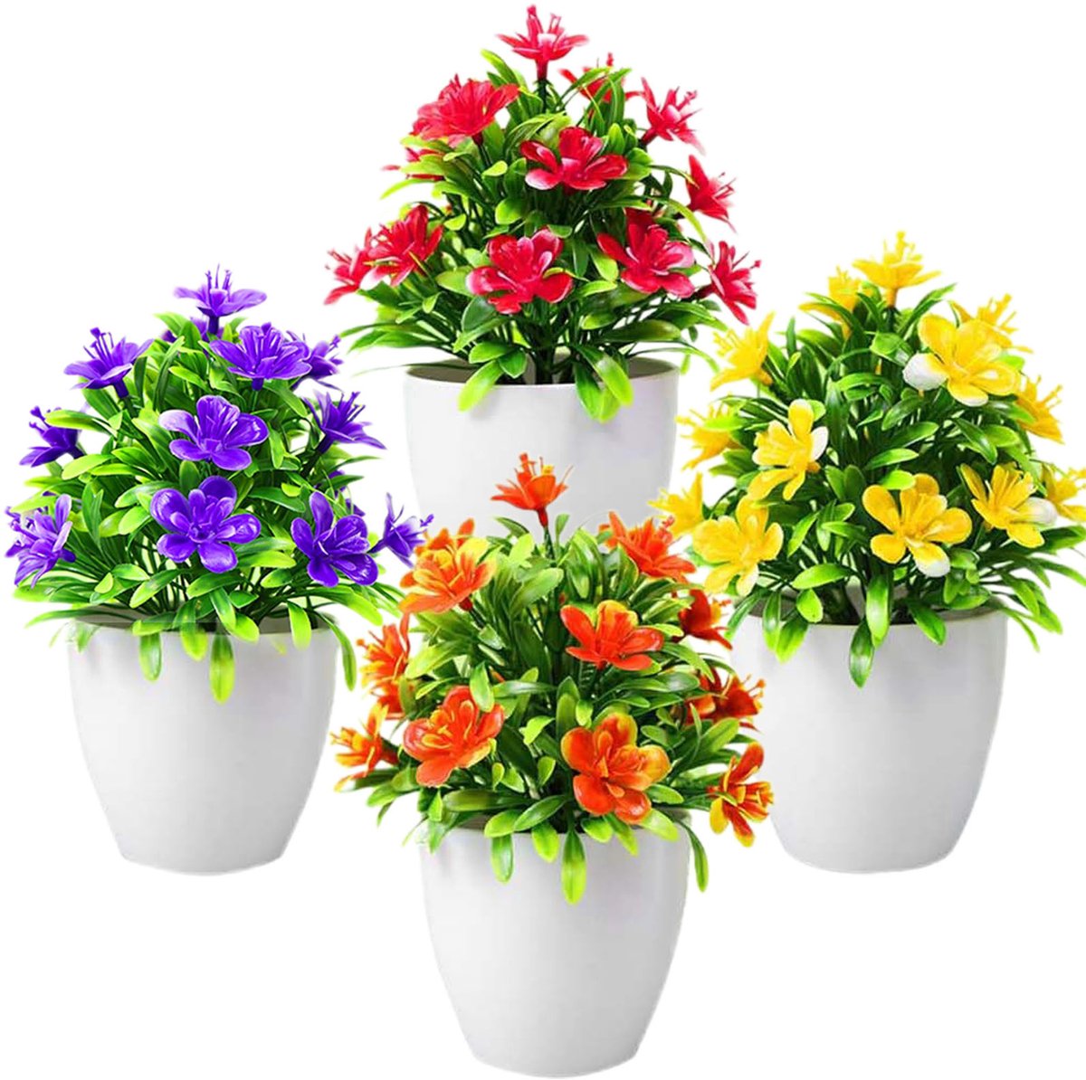 4 Stuks Kunstbloemen in Pot – Kunstplanten, Mini Kunstplanten met 17 Blaadjes, Realistische Bougainvillea voor Binnen en Buiten – Paars, Donkerrood, Rood & Geel