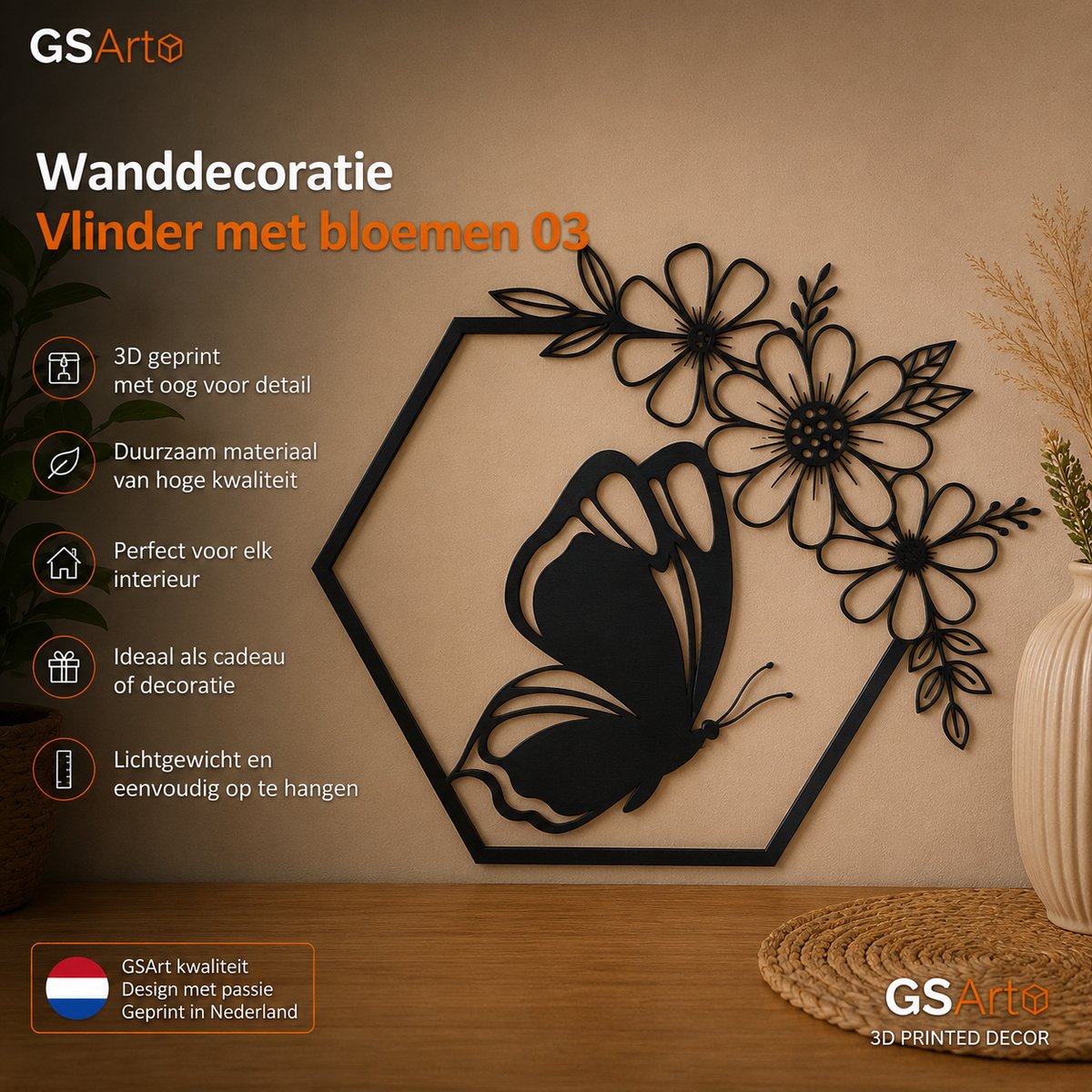 GSArt Wanddecoratie Vlinder met Bloemen 03 25 cm – 3D Geprinte Muurdecoratie