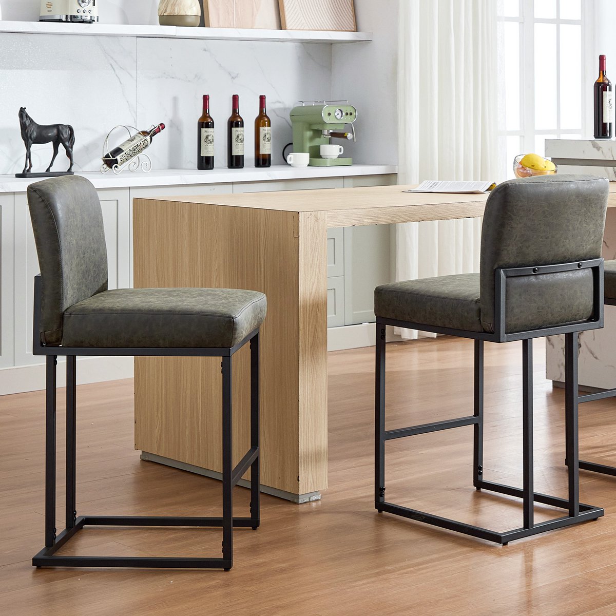 Triumpunpre - Barstoelen Set Van 2 Met Rugleuning - PU‑Kunstleer Bekleding - Zware Metalen Frame - Keuken‑ En Eetkamer Krukken Voor Keukeneiland En Thuisbar - Donkergrijs