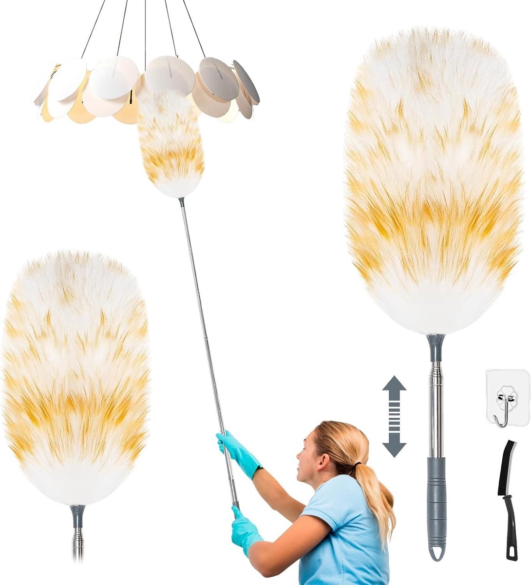 Telescopische Lambswool Duster, Wasbaar en Uitschuifbaar tot 130 cm, Ideaal voor Stofafname op Hoogte, Gevoelige Oppervlakken en Plafonds, Krassenvrije Reiniging met Haken en Borstel