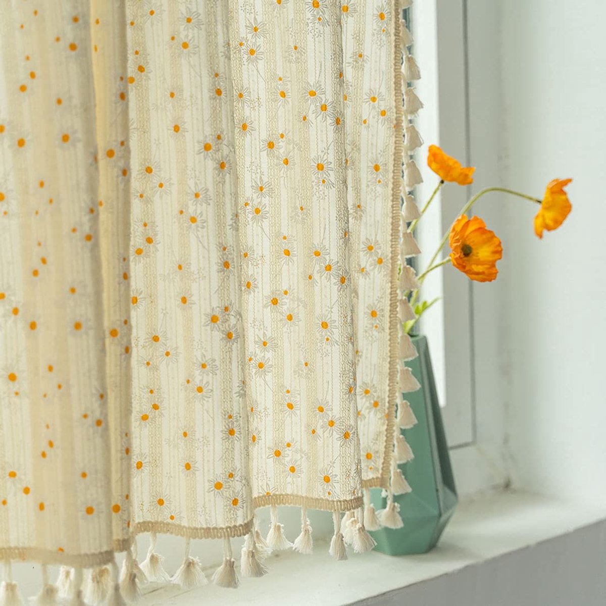 Gordijn - Kleine raamgordijnen - Boho Gordijn - Keukengordijn - Daisy Bloemengordijn - Katoenen Raamgordijn - Keuken Woonkamer Slaapkamer - 140 x 100 cm - Katoen - Beige
