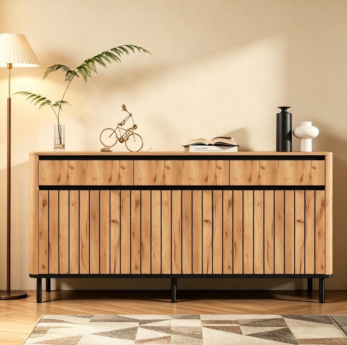 MODFU - Dressoir - 3 Lades 3 Deuren - Eikenlook - Naturel Hout - 160 Cm