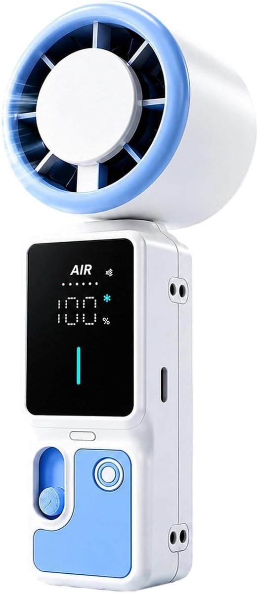 Handventilator - USB-Oplaadbare - Mini Fan Oplaadbaar - LED Display - Ideaal voor Thuis & Reizen - Lange Accuduur - Draagbare Mini Ventilator - 6 Standen - Donkerblauw - Mini Fan - Draagbare Handventilator met Digitaal Display - Wit en blauw
