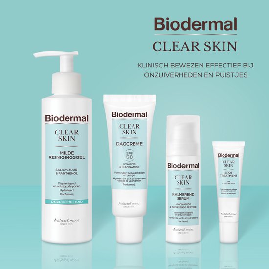 Vier Biodermal Clear Skin producten: reinigingsgel, dagcrème, kalmerende crème en spot treatment.