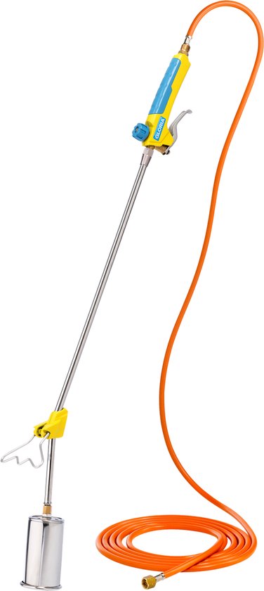 Gloria onkruidbrander met blauw handvat, zilveren buis en oranje slang, op zwarte achtergrond.