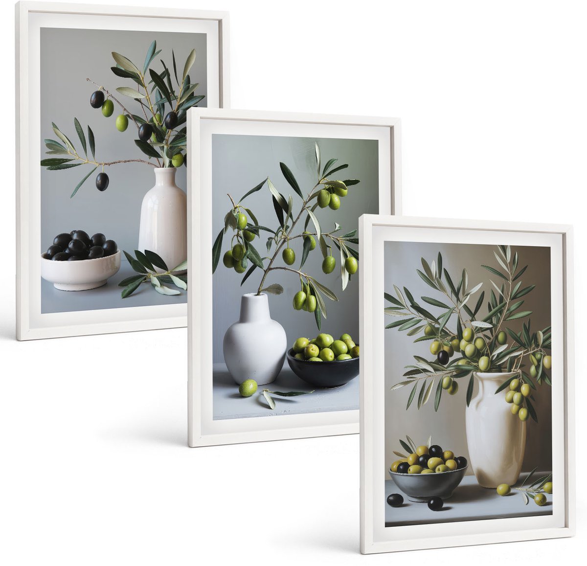 Wallfluent 3-Delige Schilderij Set - Olijven In Vazen ​​Tegen Een Achtergrond Van Gedempte Kleuren. - 40 x 60 - Wanddecoratie - Schilderijen Set - Interieur - Interieur Decoratie