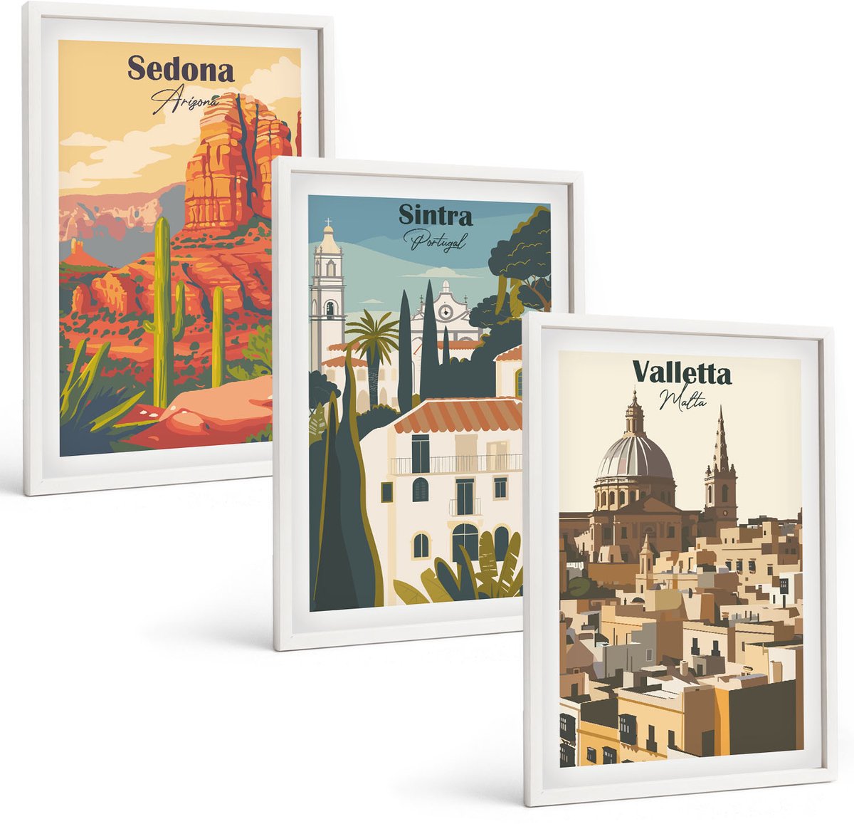 Wallfluent 3-Delige Schilderij Set - Stadsgezichten In Retrostijl Van Sedona, Sintra En Valletta - 40 x 60 - Wanddecoratie - Schilderijen Set - Kantoor - Decoratieve Schilderijen