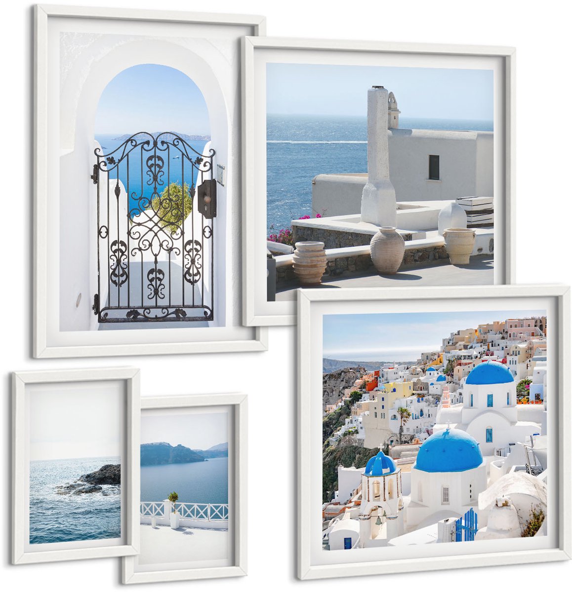 Wallfluent 5-Delige Schilderij Set - Griekenland, Mediterrane Stijl, Zeezicht En Architectuur - 50 x 50 cm, 20 x 30 cm En 40 x 60 cm - Decoratieve Muurdecoratie - Slaapkamer - Wanddecoratie