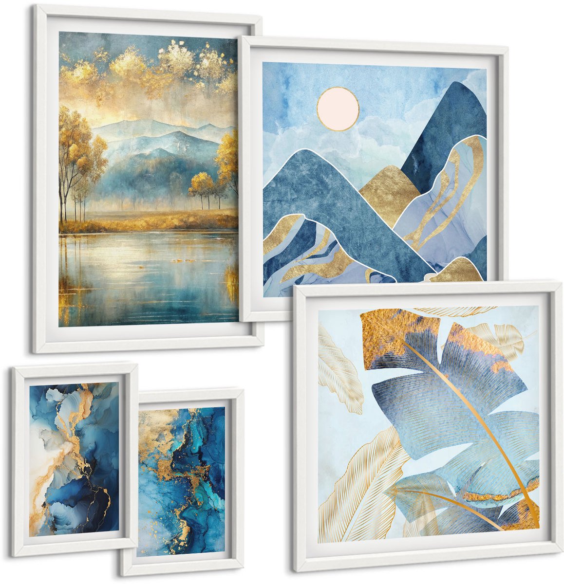 Wallfluent 5-Delige Schilderij Set - Stijlvolle Berglandschappen Met Plantenaccenten - 50 x 50 cm, 20 x 30 cm En 40 x 60 cm - Stijlvolle Wanddecoratie - Interieur - Moderne Wanddecoratie