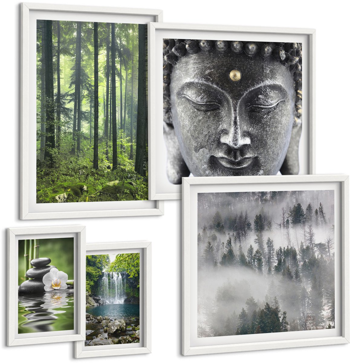 Wallfluent 5-Delige Schilderij Set - Rustgevende Natuurthema'S Met Zen-Elementen En Watervallen - 50 x 50 cm, 20 x 30 cm En 40 x 60 cm - Muurdecoratie - Wanddecoratie - Hal - Woonkamer Decoratie
