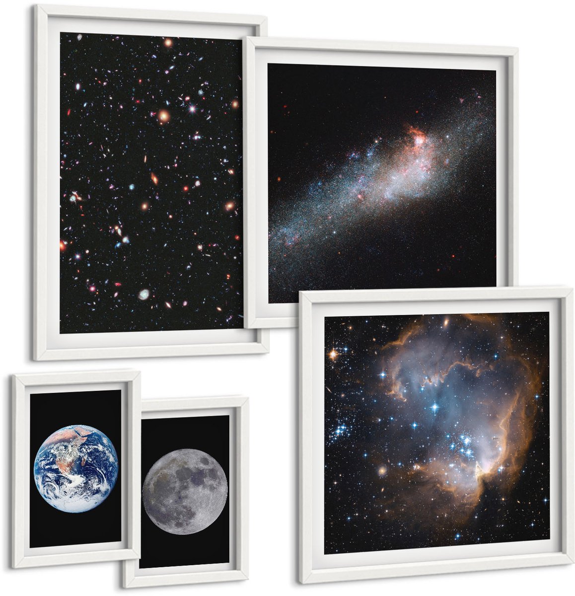 Wallfluent 5-Delige Schilderij Set - Kosmische Landschappen Van De Melkweg En Het Zonnestelsel - 50 x 50 cm, 20 x 30 cm En 40 x 60 cm - Wanddecoratie - Woonkamer Decoratie