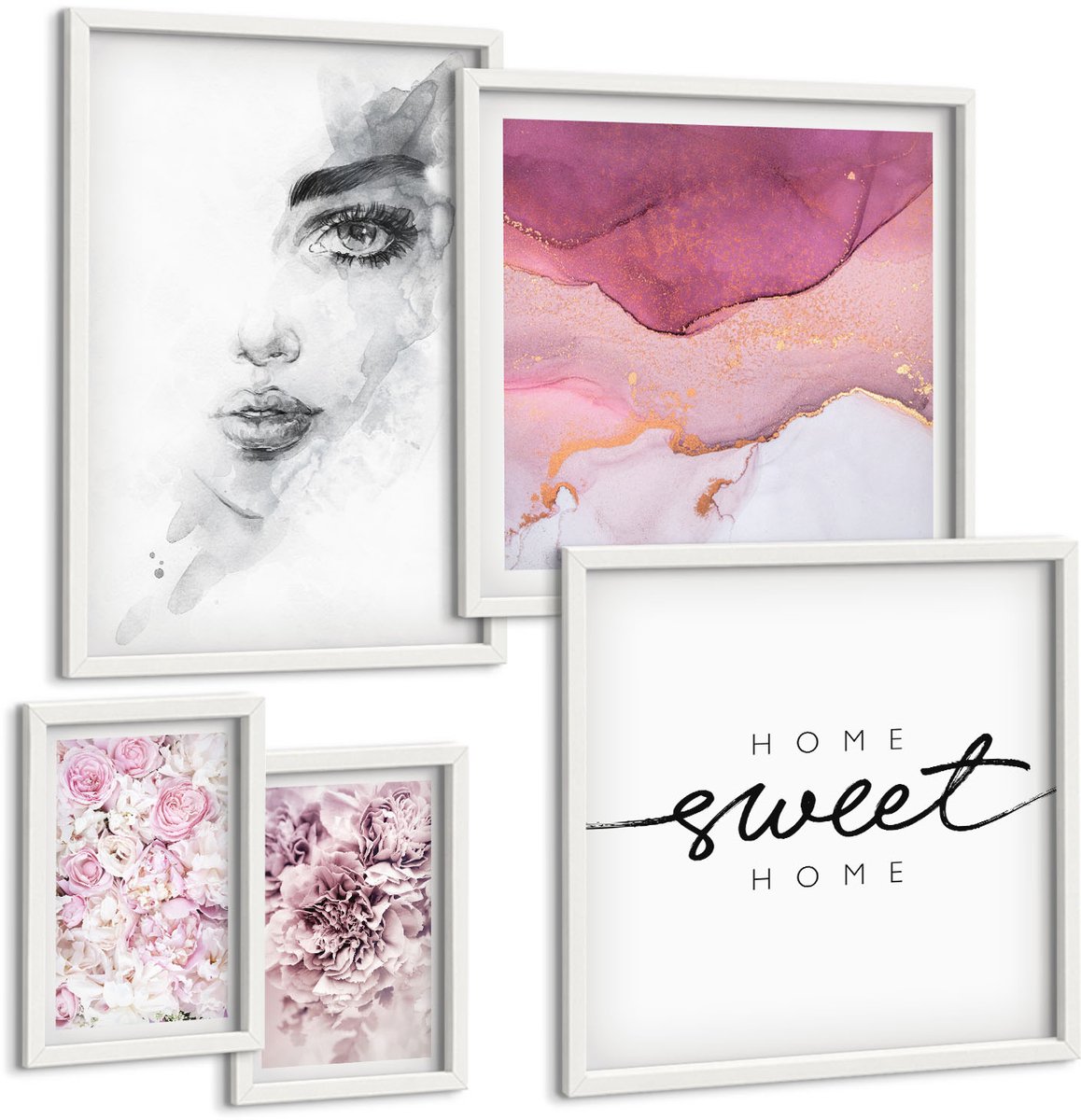 Wallfluent 5-Delige Schilderij Set - Vrouwenportretten En Bloemcomposities In Pastel. - 50 x 50 cm, 20 x 30 cm En 40 x 60 cm - Decoratieve Schilderijen - Wanddecoratie - Hal - Muurdecoratie