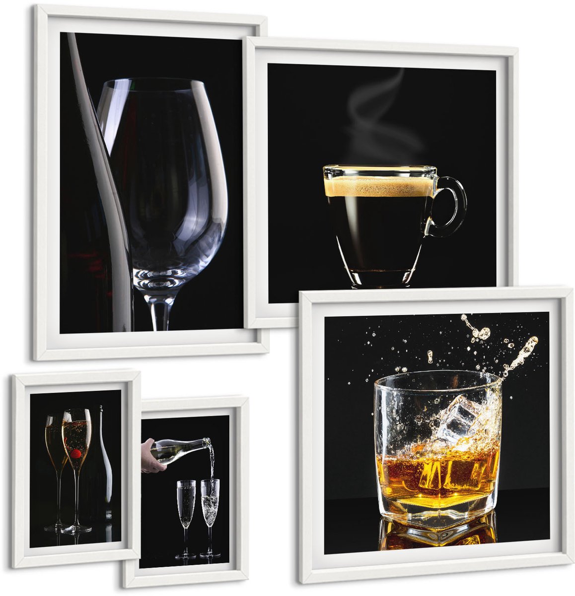 Wallfluent 5-Delige Schilderij Set - Cocktails En Drankjes In Een Elegante Barstijl. - 50 x 50 cm, 20 x 30 cm En 40 x 60 cm - Muurdecoratie - Wanddecoratie - Slaapkamer - Moderne Wanddecoratie