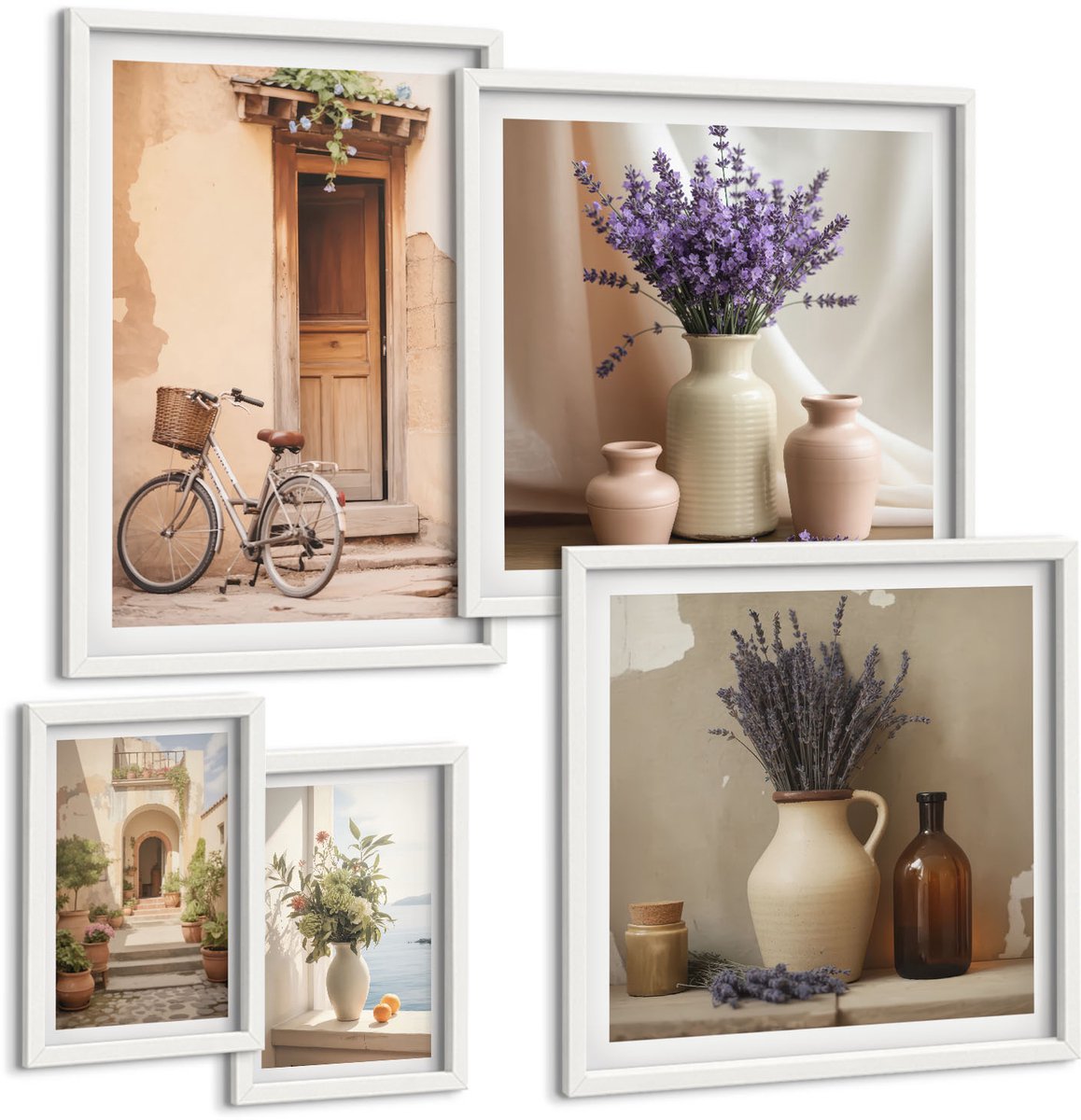 Wallfluent 5-Delige Schilderij Set - Stijlvol Interieur Met Bloemmotieven En Een Fiets - 50 x 50 cm, 20 x 30 cm En 40 x 60 cm - Wanddecoratie - Schilderijen Set - Kantoor - Decoratieve Schilderijen