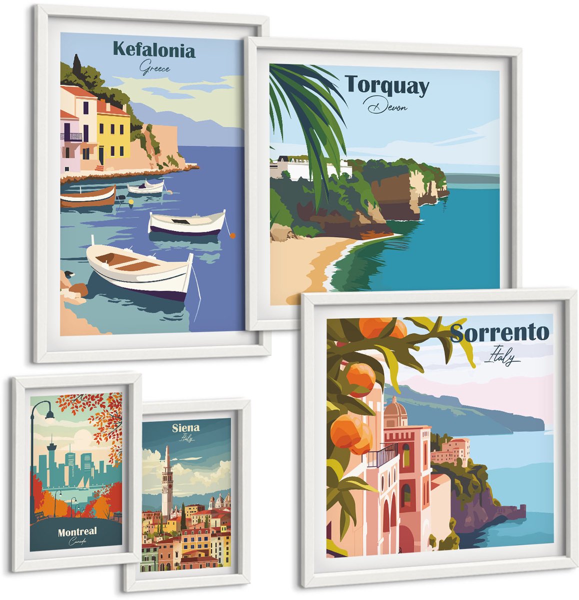Wallfluent 5-Delige Schilderij Set - Kustlandschappen Van Europese Toeristische Bestemmingen - 50 x 50 cm, 20 x 30 cm En 40 x 60 cm - Muurdecoratie - Schilderijen Set - Woonkamer - Stijlvolle Muurdecoratie