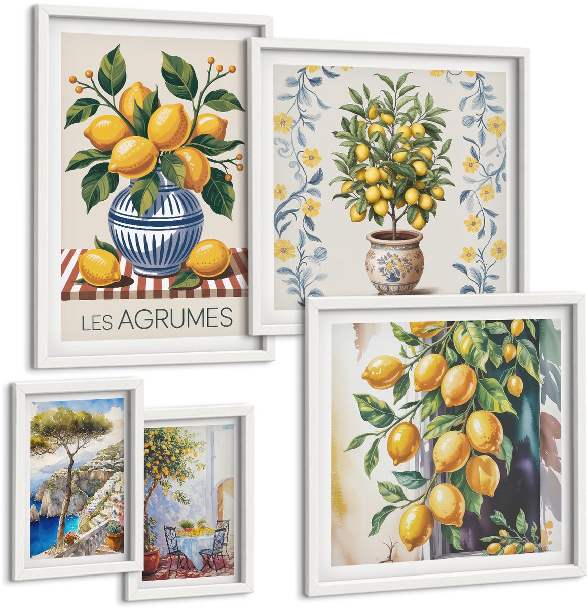 Wallfluent 5-Delige Schilderij Set - Citrusinspiratie In Mediterrane Stijl - 50 x 50 cm, 20 x 30 cm En 40 x 60 cm - Wanddecoratie - Woonkamer Decoratie