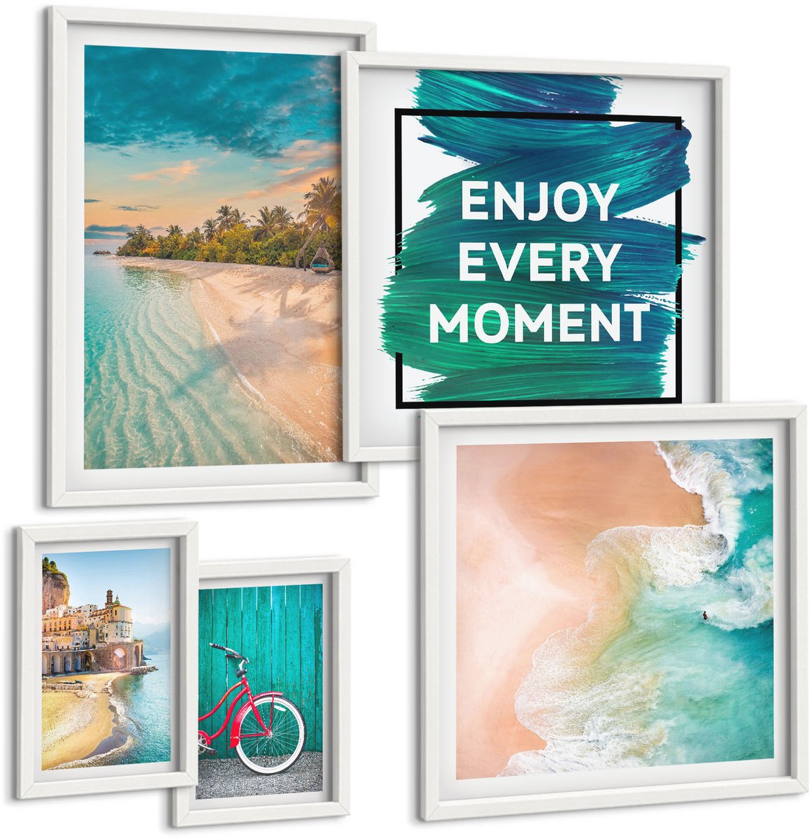 Wallfluent 5-Delige Schilderij Set - Tropische Landschappen Met Een Fiets En Een Motiverende Tekst. - 50 x 50 cm, 20 x 30 cm En 40 x 60 cm - Decoratieve Muurdecoratie - Slaapkamer - Decoratieve Schilderijen