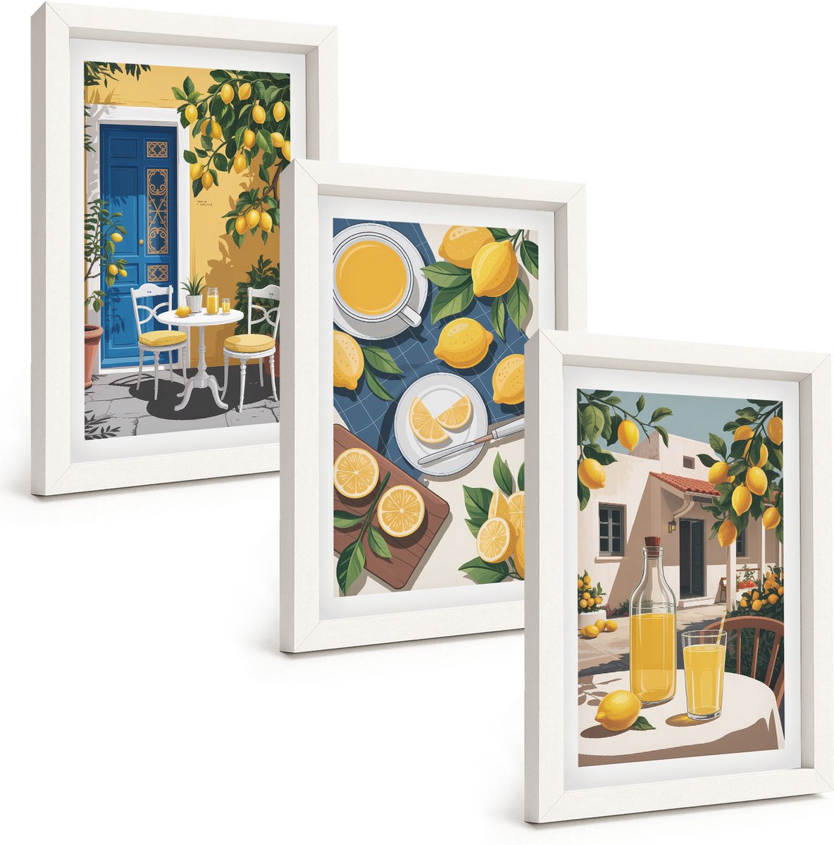 Wallfluent 3-Delige Schilderij Set - Lemonade, Italiaans Uitzicht En Een Zonnig Terras - 20 x 30 - Schilderijen Set - Wanddecoratie - Woonkamer