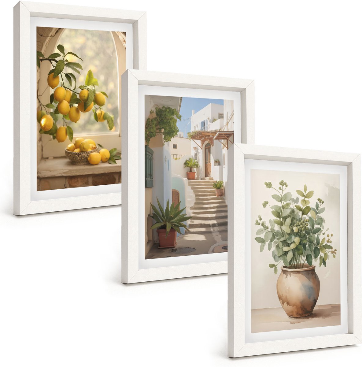 Wallfluent 3-Delige Schilderij Set - Citroenen In Een Vaas En Planten In Een Witte Architectuur - 20 x 30 - Stijlvolle Muurdecoratie - Slaapkamer