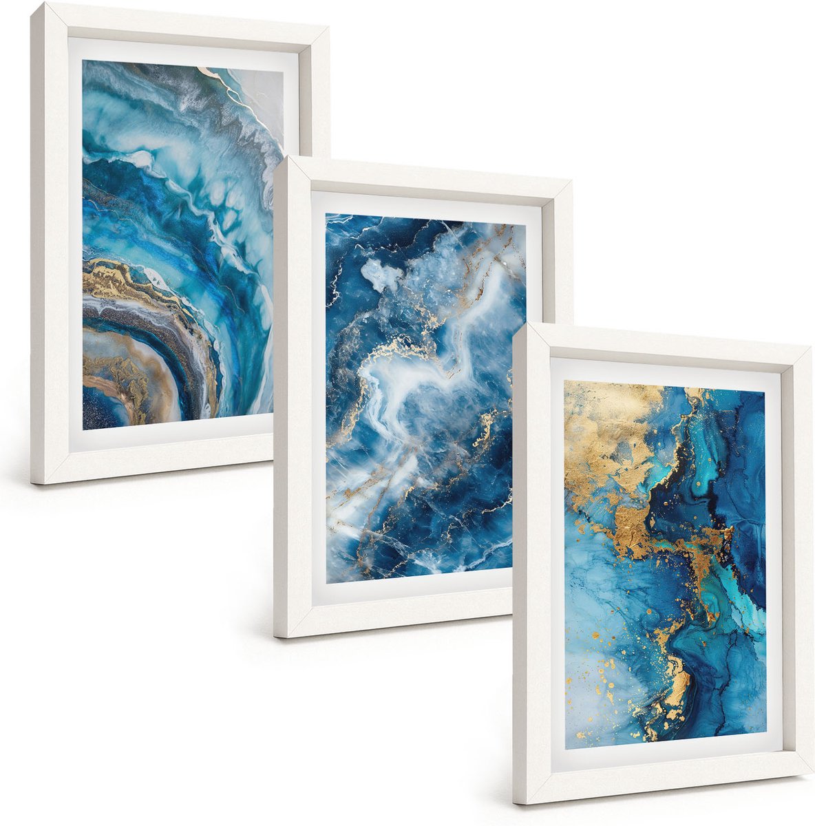 Wallfluent 3-Delige Schilderij Set - Blauwe Abstracte Patronen In Drie Schilderijen - 20 x 30 - Muurdecoratie - Interieur Decoratie