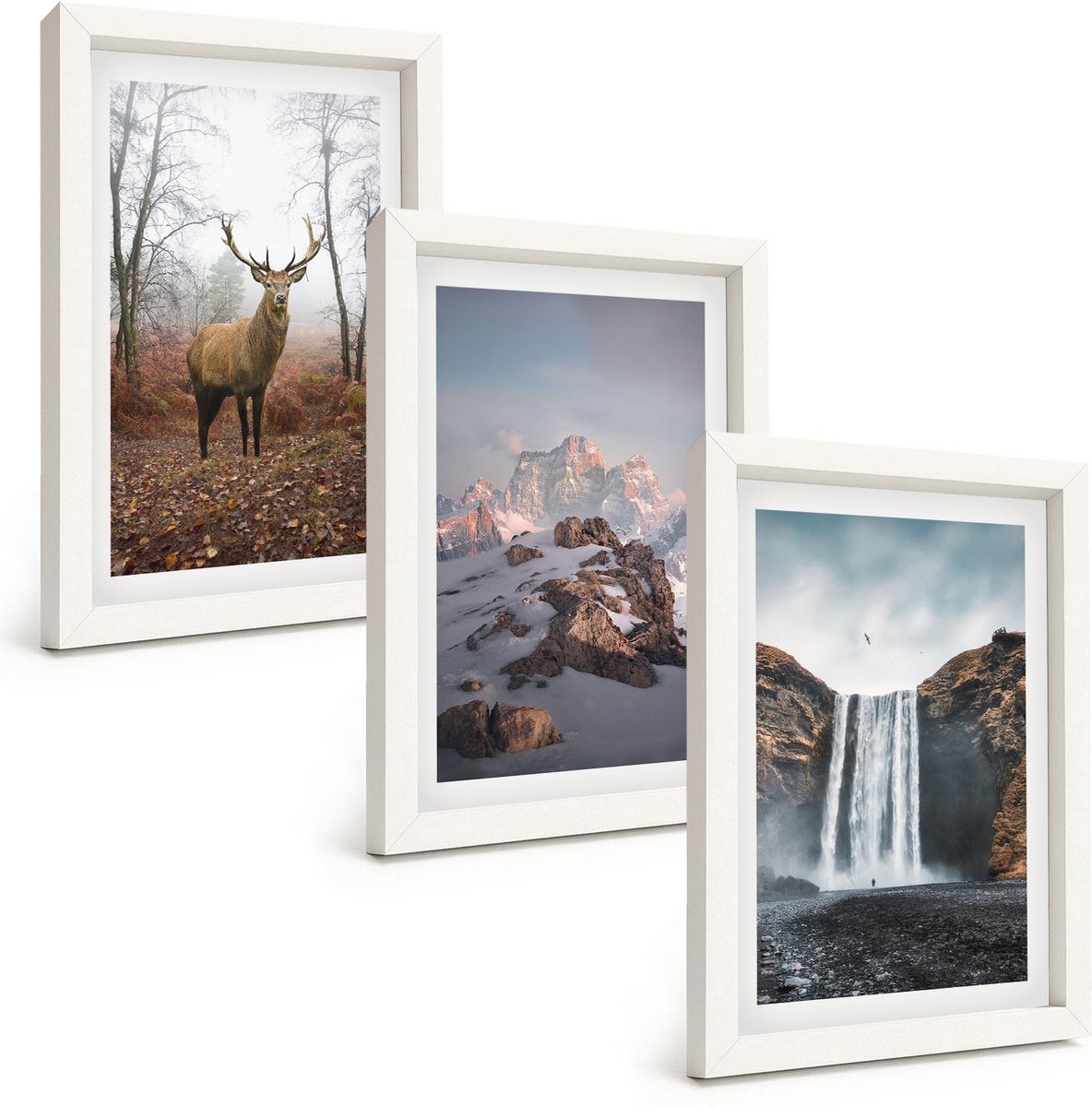 Wallfluent 3-Delige Schilderij Set - Natuurlijke, Ongerepte Landschappen, Bergen, Herten En Watervallen. - 20 x 30 - Muurdecoratie - Schilderijen Set - Woonkamer - Moderne Wanddecoratie