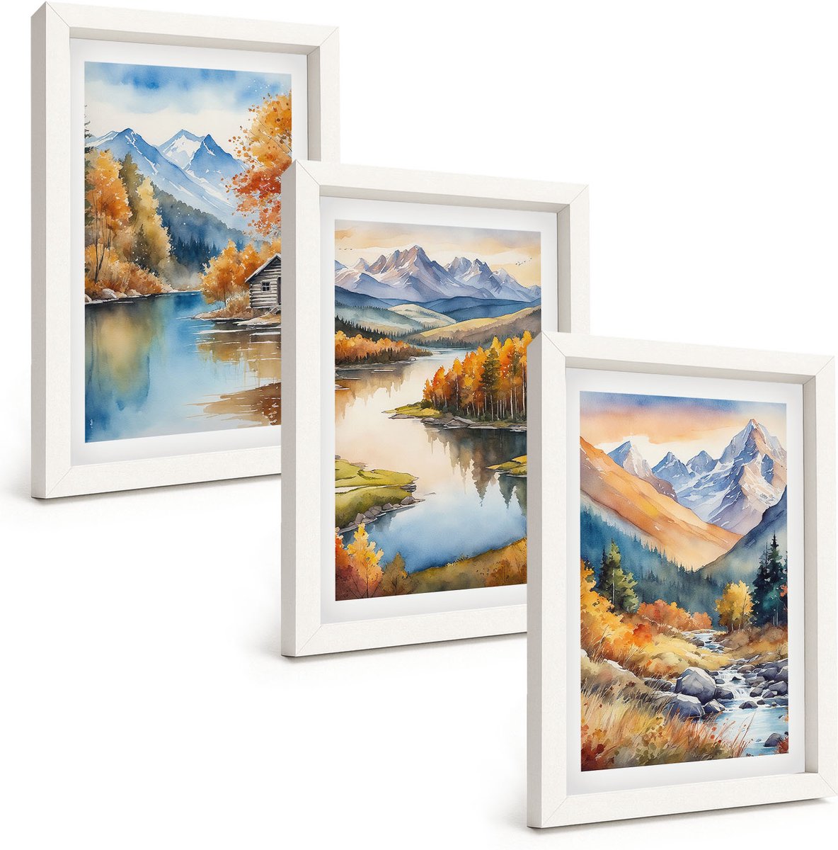 Wallfluent 3-Delige Schilderij Set - Uitzicht Op De Bergen Met Een Rivier En Herfstbomen. - 20 x 30 - Stijlvolle Muurdecoratie - Slaapkamer - Interieur Decoratie