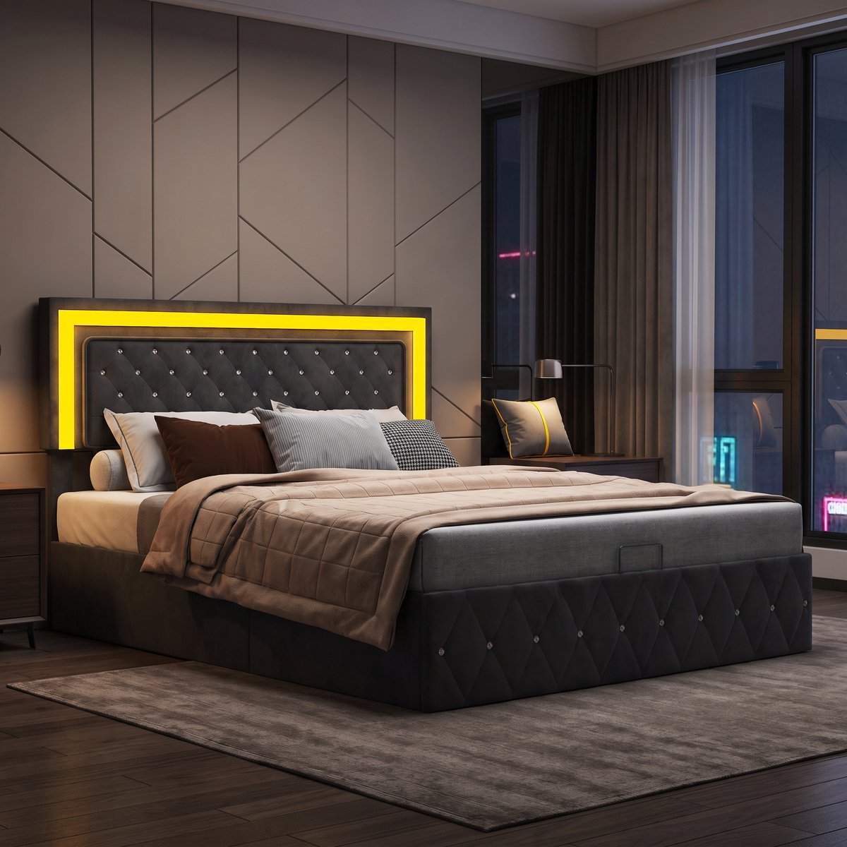 Gestoffeerd Bed 160x200 cm met LED-Verlichting – Tweepersoonsbed met Opbergruimte, Hydraulisch Opbergbed met Lattenbodem en Hoofdbord – Fluwelen Bedframe, Zwart, Zonder Matras