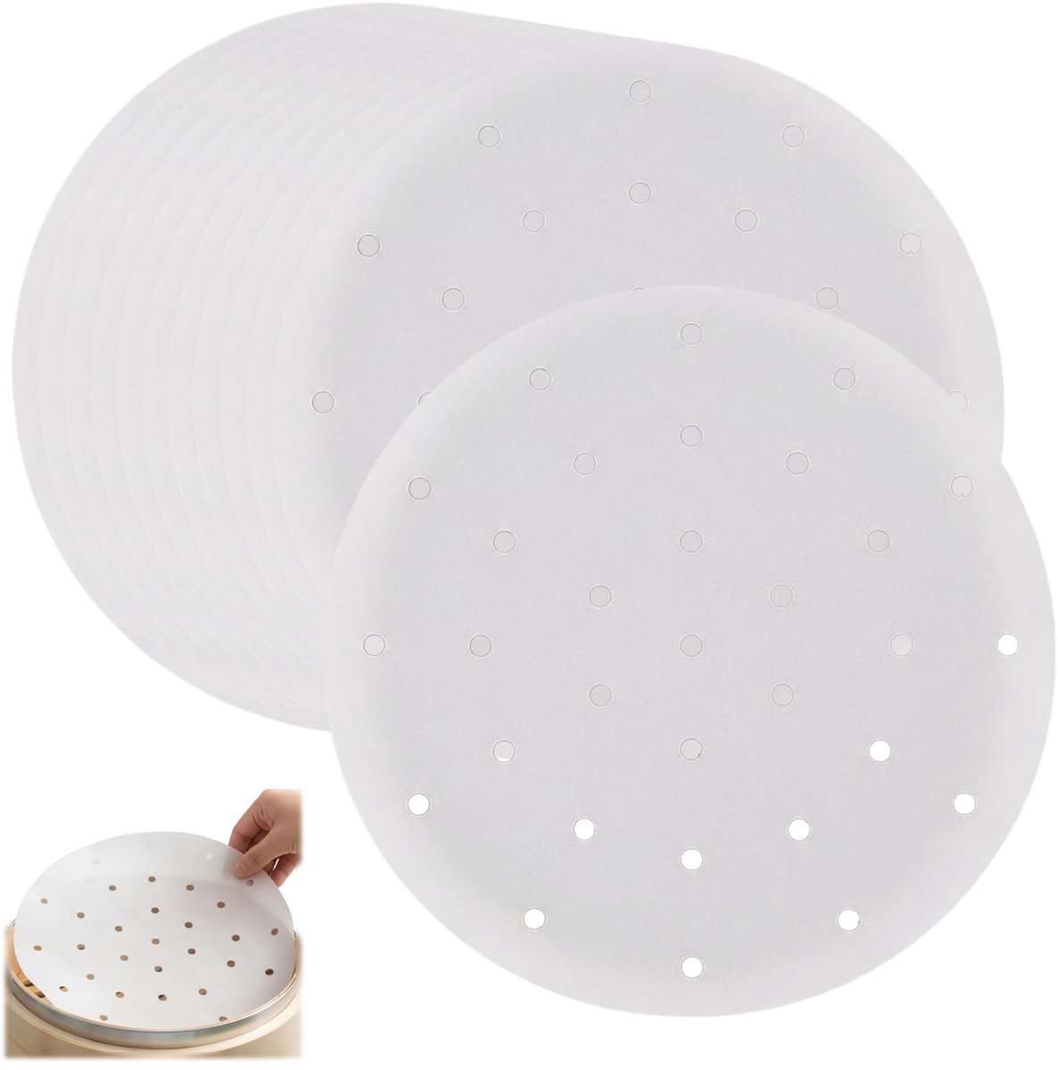 Stoompapier voor bamboestomer - Anti-aanbak & Geperforeerd - Voor dim sum & dumplings - 23 cm rond - 100 stuks