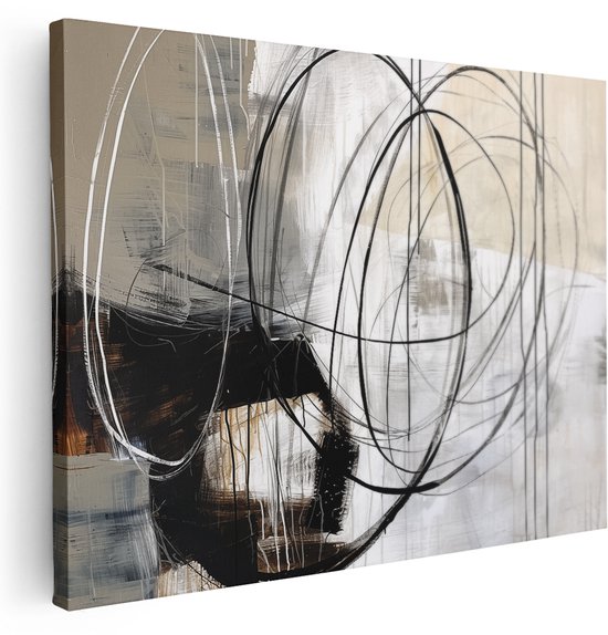 Peinture abstraite avec des cercles noirs et blancs sur fond beige.