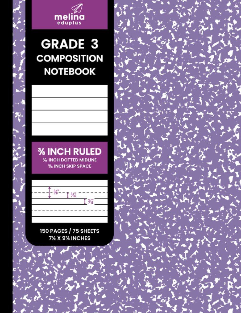 Grade 3 Composition Notebook, Wide Ruled Writing Tablet, 3/8 Inch Ruling, Students Journal, Penmanship: 150 Pages - ShopVlot