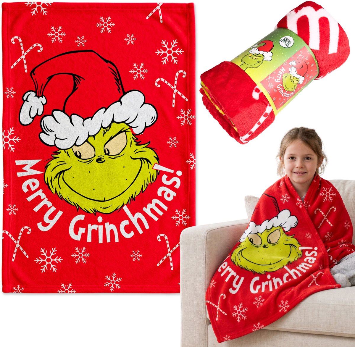 Grinch Kerst, ZACHTE FLEECE deken, rode sprei 100x150 cm, OEKO-TEX