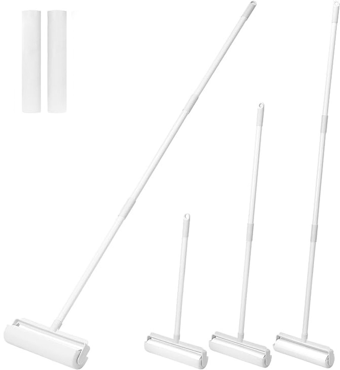 Set pluizenrollers - Pluizenroller - Inclusief 3 Vervangbare vullingen voor kleefrollers - 24 cm breed - Verstelbare steel - Huisdierharen verwijderen - Voor het verwijderen van huisdierharen en het reinigen van tapijten, vloeren en banken - Wit