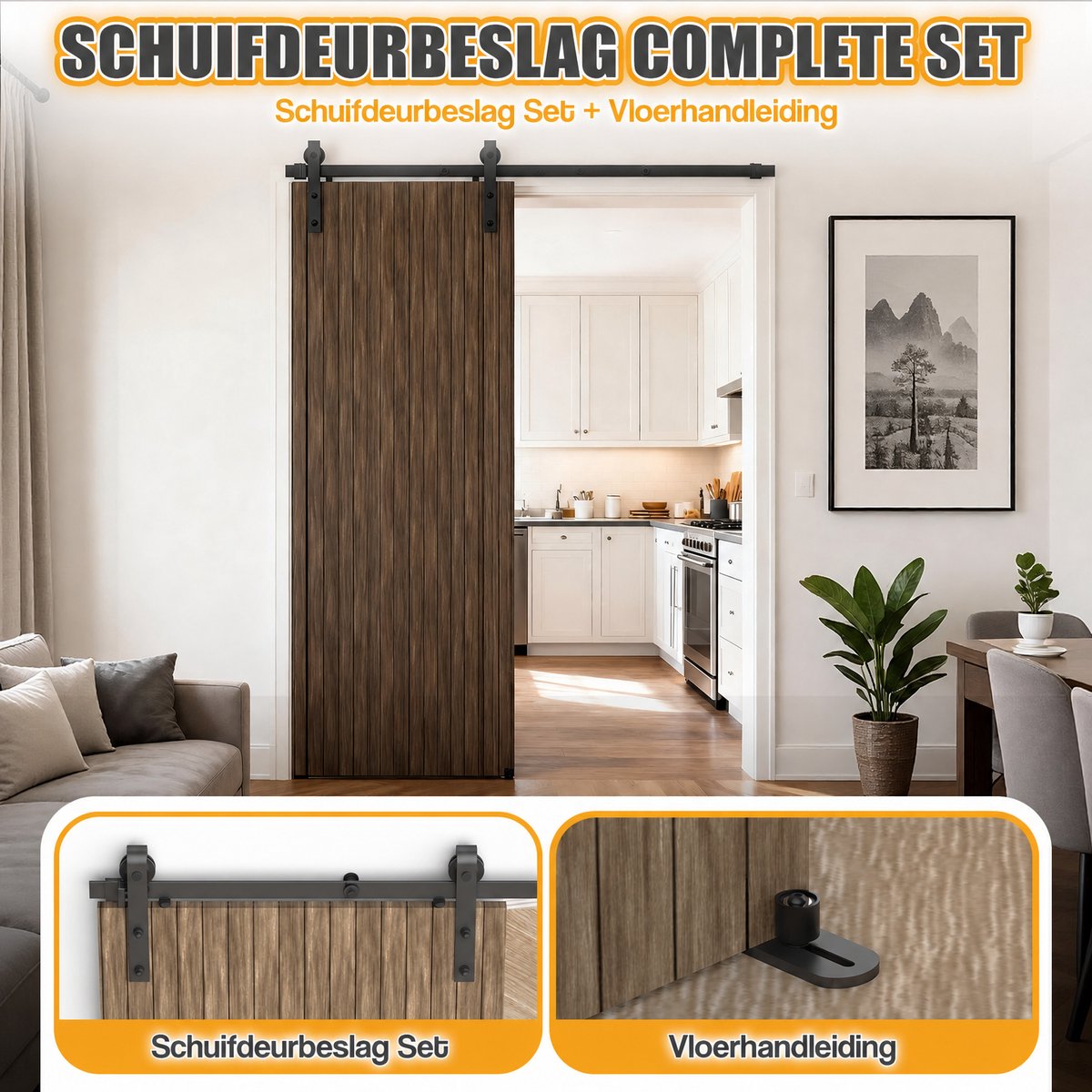 Arvioo - Schuifdeur beslag 6.6FT - Met L‑vloerstopper - Staal - Complete montageset