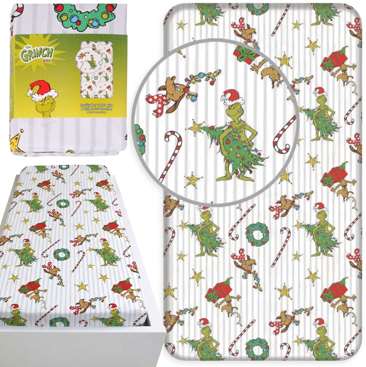 Grinch Kerst hoeslaken voor kinderen, katoenen hoeslaken met elastiek 100% KATOEN 90x200cm+25cm, OEKO-TEX