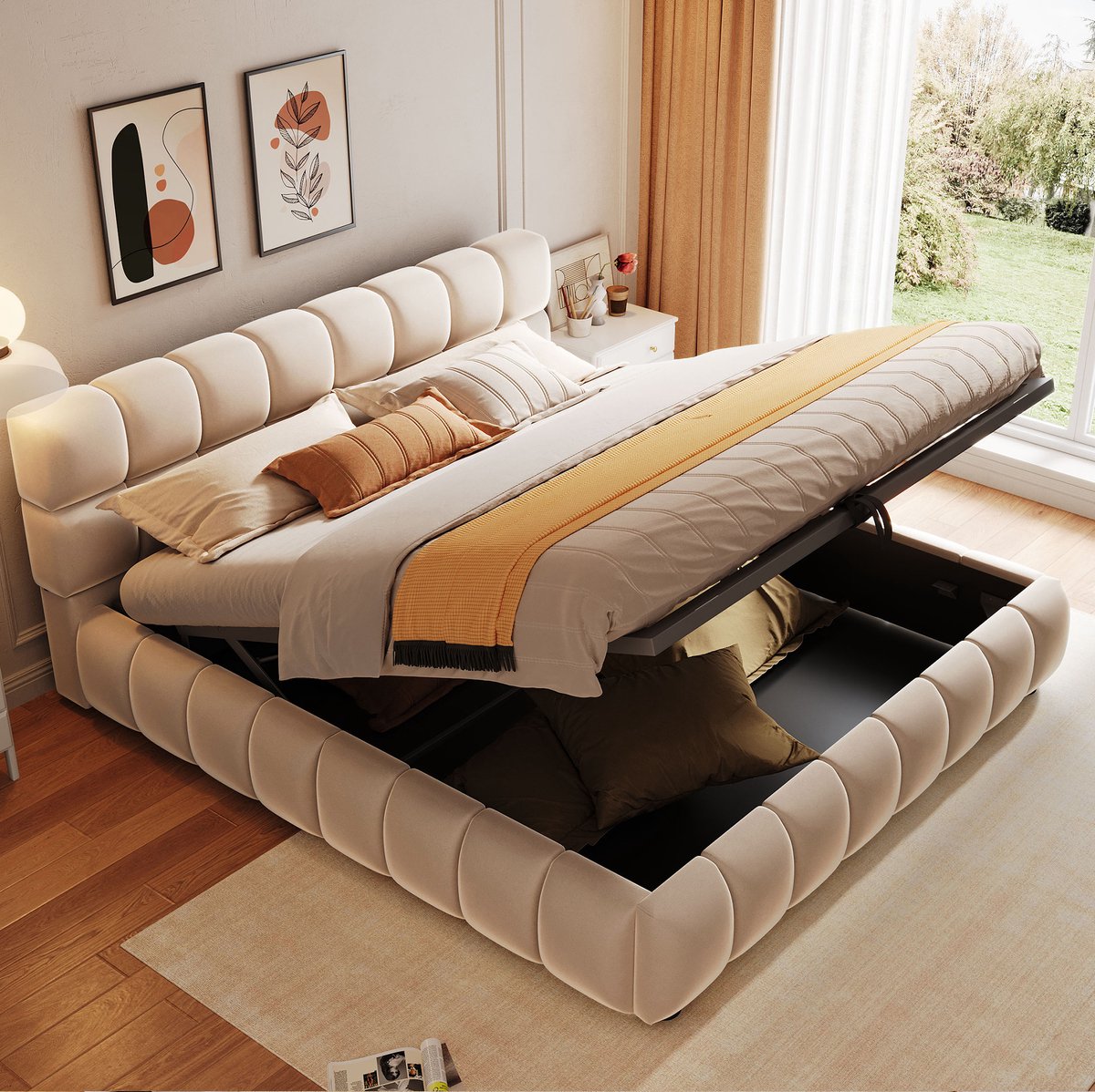 REDOM - Bed - Gepolsterd hoofdbord en zijpanelen - Hydraulische opbergruimte - Samtstof - Moderne stijl - Slaapkamer - Beige - 140 x 200 cm