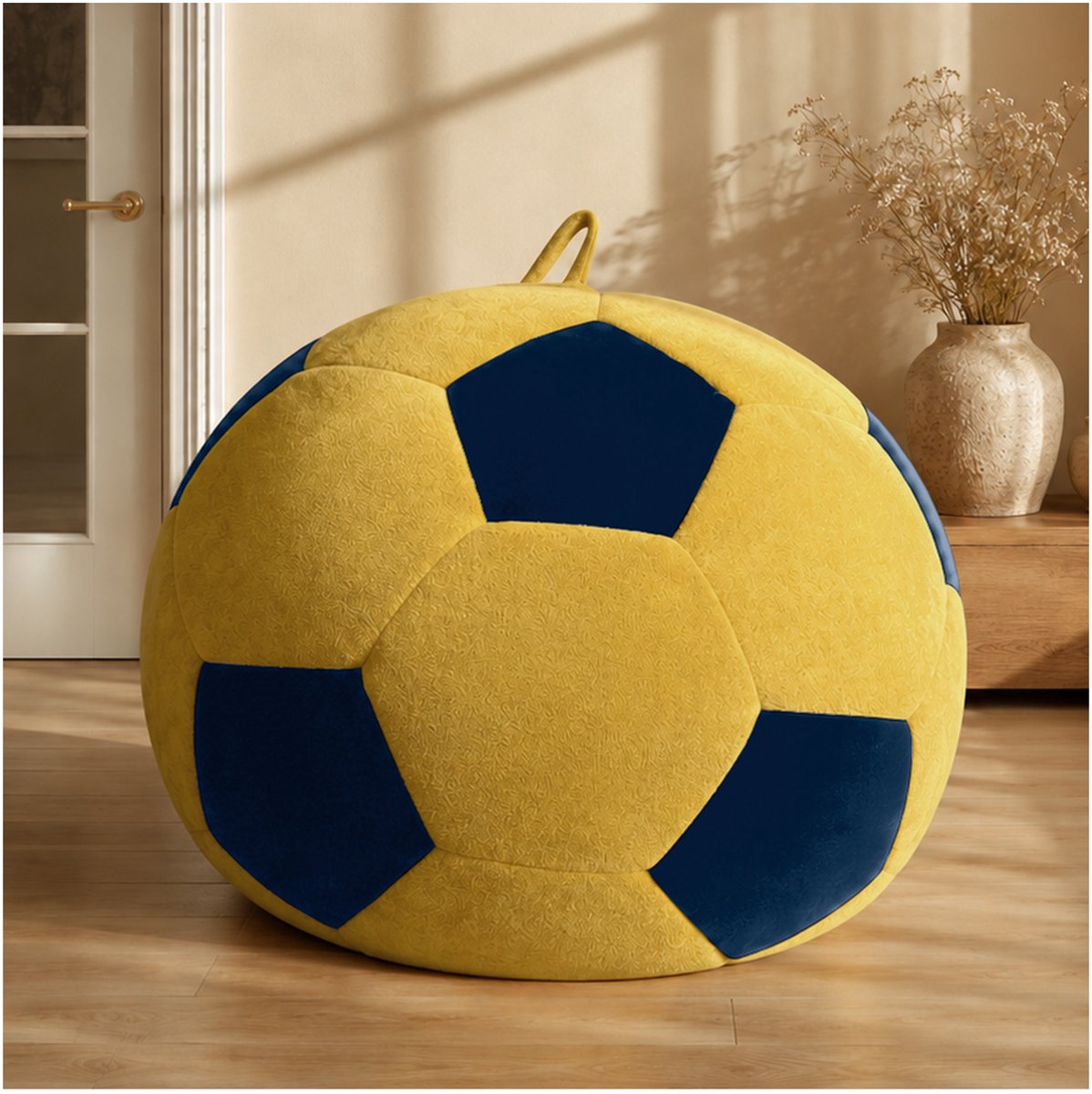 COVREO Zitzak 130 x 130 x 90 cm blauw en geel flanel - voetbalvorm - voor binnen - volwassenen