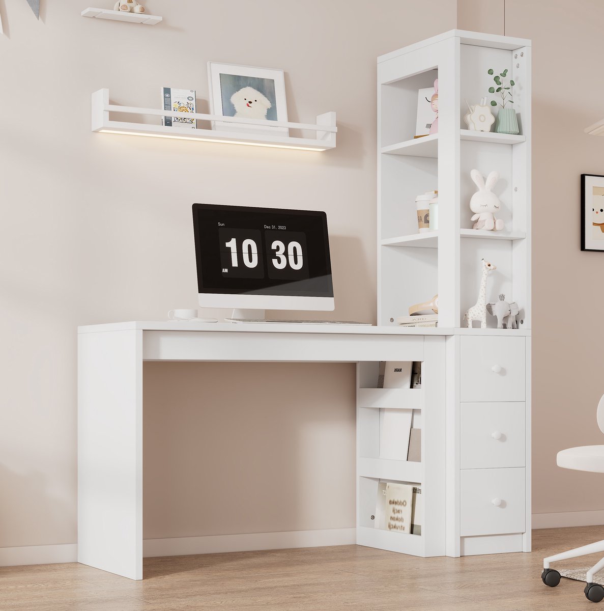 REDOM - Bureau met boekenrek - 3 lades en zijopbergruimte - Rechte vorm - Moderne stijl - Voor studeerkamer en werkplek - MDF - Wit - 150 x 50 x 180 cm