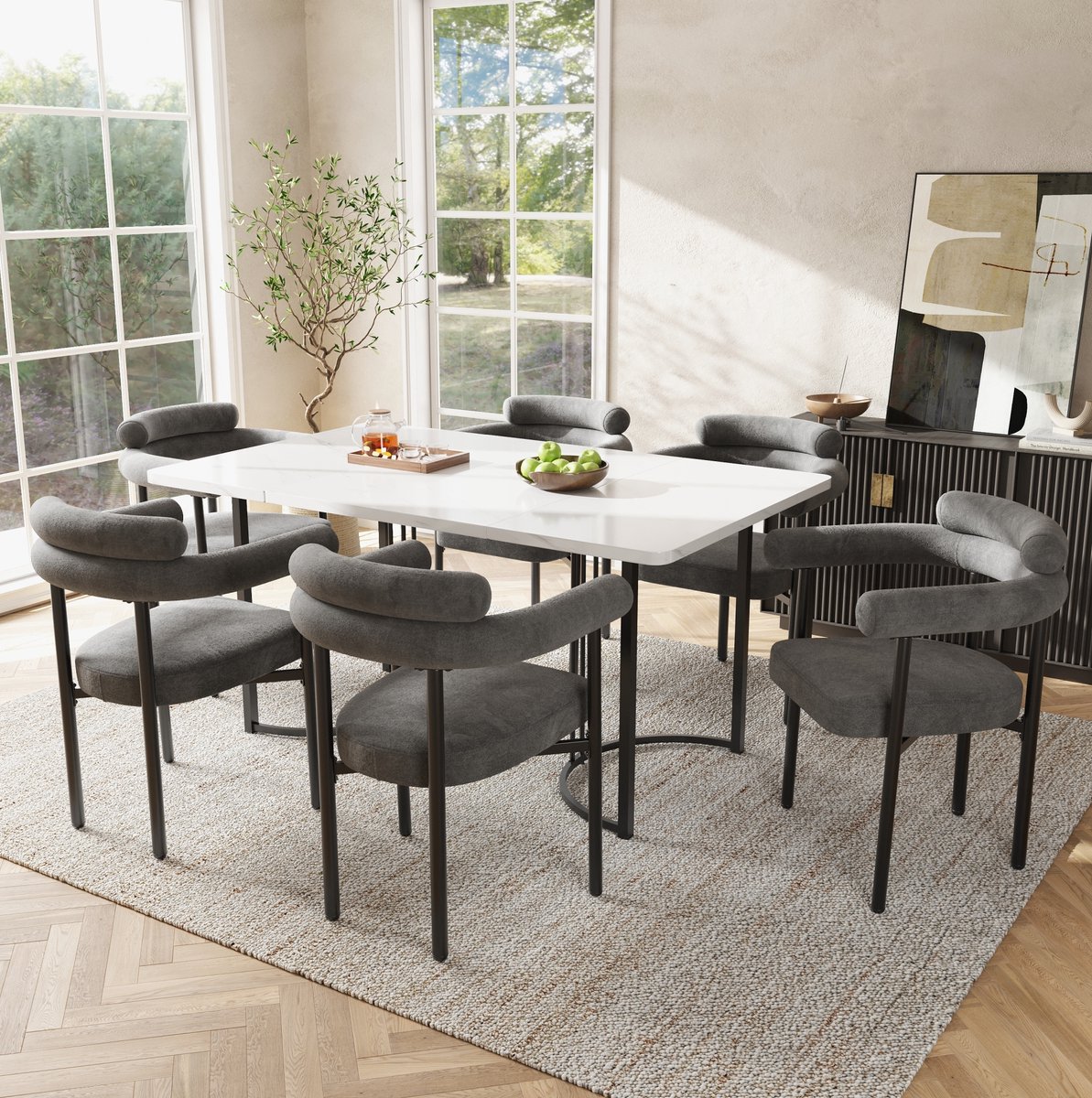Wishdor Set tafel en stoelen - 7-delig met 6 stoelen - Metalen design poten en fluwelen holle stoelen - Modern minimalistisch - Eetkamer keuken - Donkergrijs wit - 140 x 80 x 75 cm