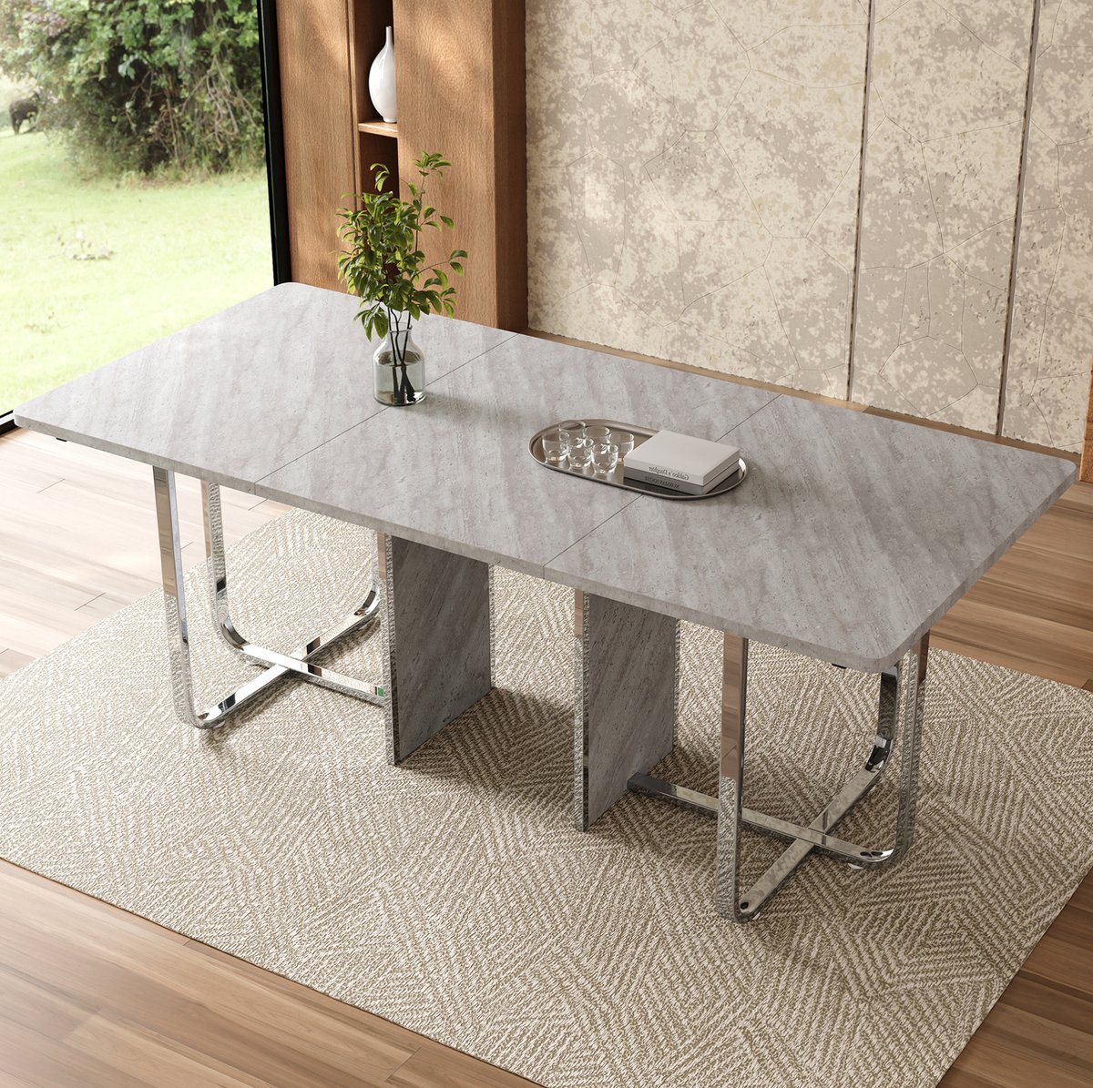 Wishdor Eettafel - Rechthoekig modern design - Stabiele metalen u-poten - Ruim voor 6 personen - Grijs zilverkleurig - MDF - 180 x 80 x 75 cm