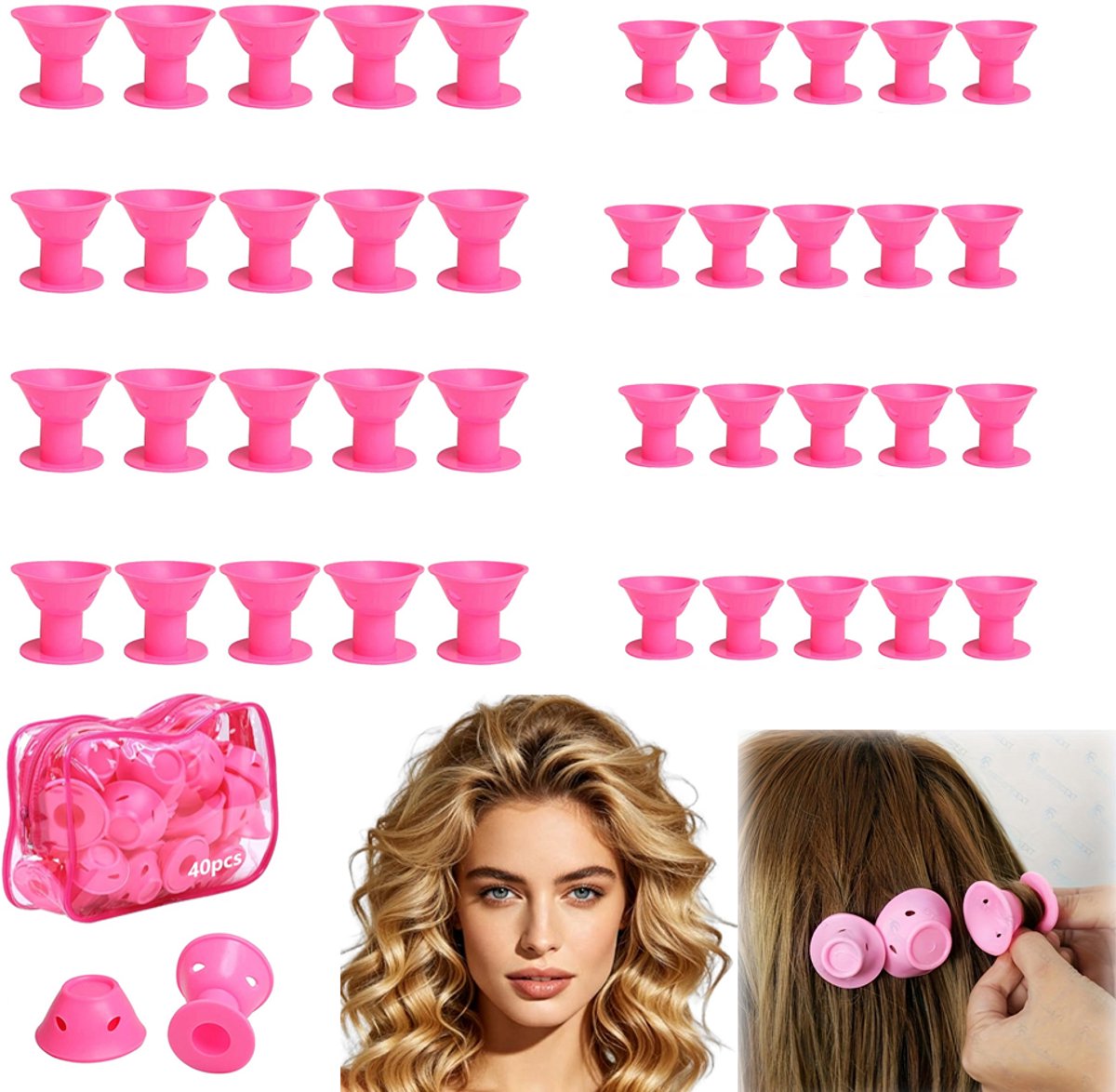 40 stuks - krulspelden - heatless curls set - haar krultang - krulspelden rollers voor kort haar - Siliconen Krulspelden - Siliconen haarkrullers - Roze - Groot + Klein - Inclusief opbergtas voor de haarkrultang