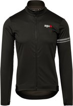 Zwarte AGU Performance fietsjas voor heren, met rode en witte logo's en grijze strepen op de mouw.