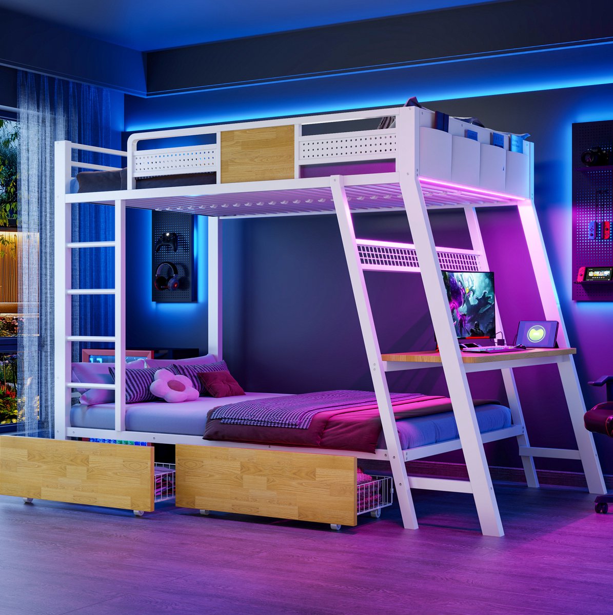 MODENUIT Stapelbed – 90x200 cm – Met Bureau en Ledverlichting – Metaal en MDF – Wit – Met Opbergruimte