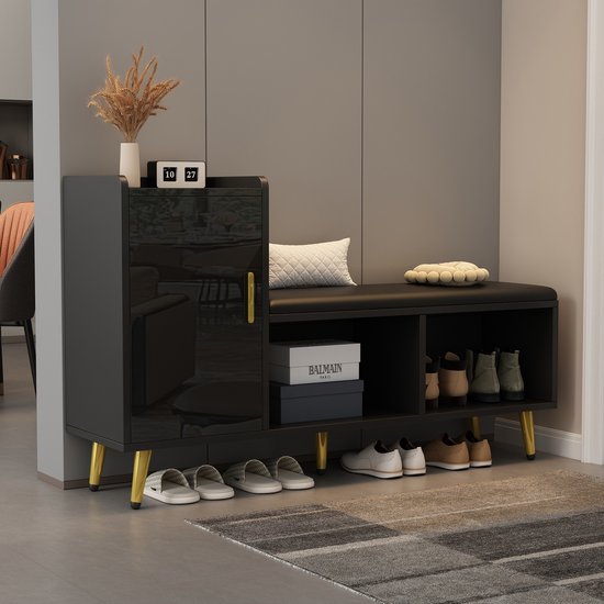 DESMIU Schoenenkast Met Zitbank En Opbergruimte Voor Hal En Slaapkamer - Hoogglans Zwart Met Gouden Details - 120x35x71.5 Cm — afbeelding 2