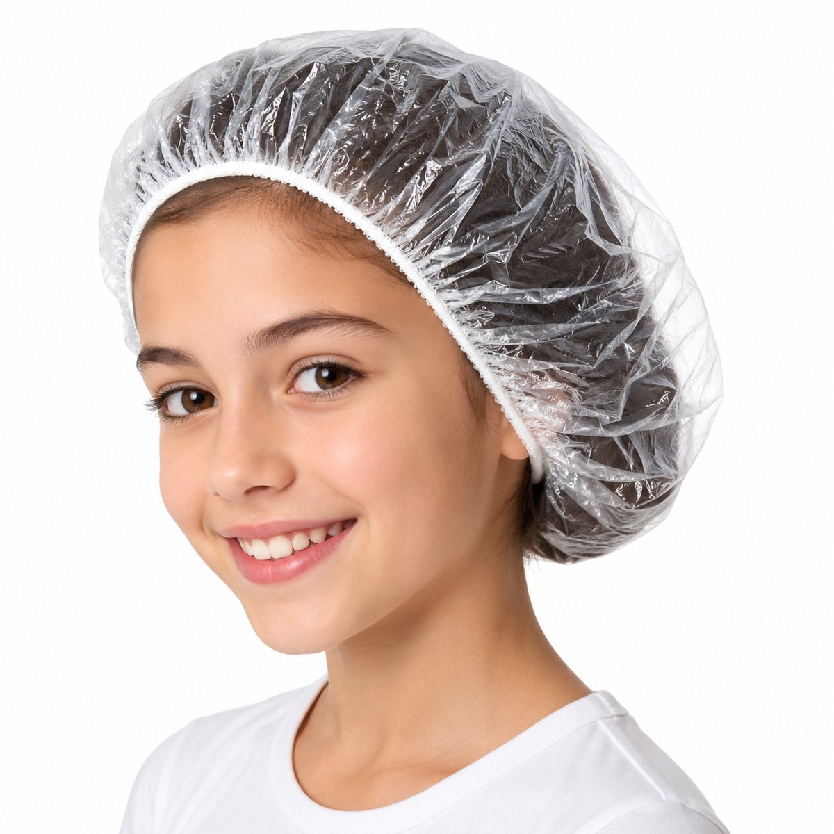 Douchekapjes Kinderen – 100 Stuks – Transparante Plastic Douchemuts – 34 cm Omtrek – Waterdicht – Elastische Wegwerp Shower Caps