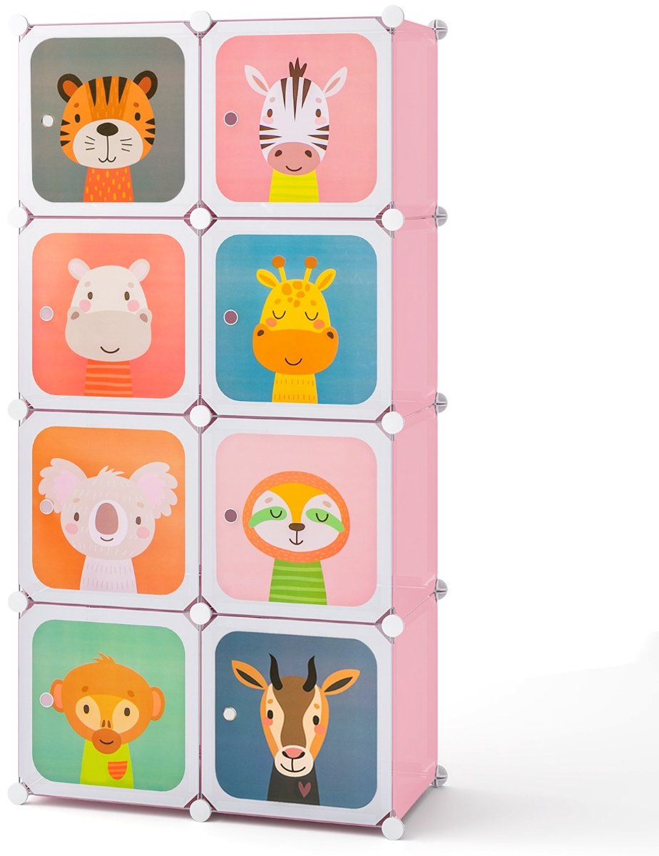 SureDeal® - Boekenkast - Kledingkast - Kinderen Babykledingkast - Vakken - Hanggedeelte Leuke Cartoon - 75x37x145 cm - Roze