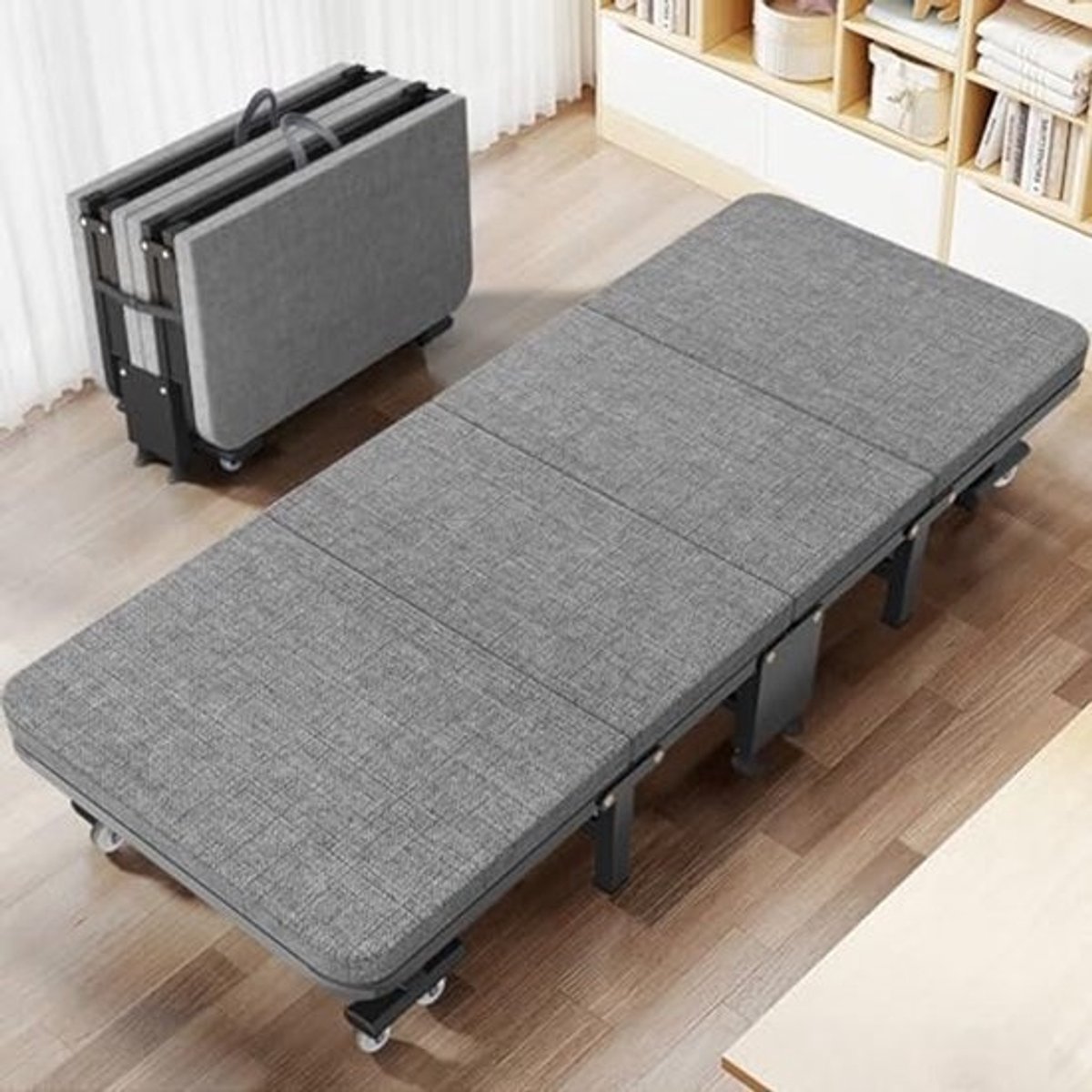 Opklapbed 70 x 190 cm, logeerbed, inklapbaar, duurzaam vouwbed met schuimkernmatras, ruimtebesparend en wieltjes