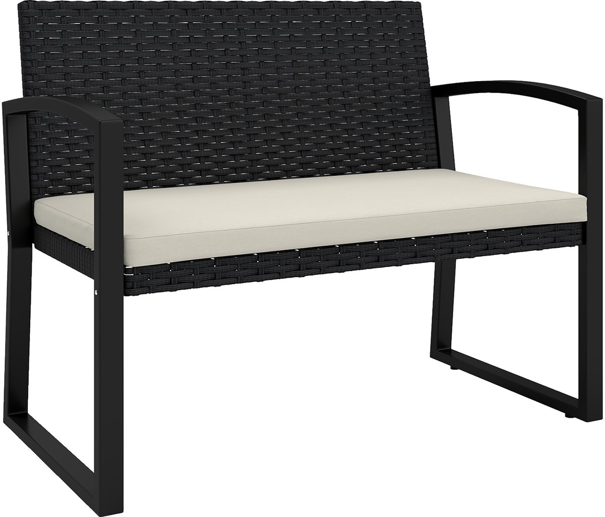 Bank van synthetisch rotan voor 2 personen, 103x58x78 cm, met kussen, schuine rugleuning en gegalvaniseerd stalen frame.